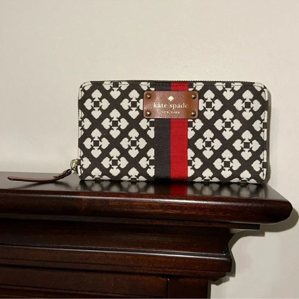 kate spade Brown Ivory Spade Print Red Brown Stripe Wallet